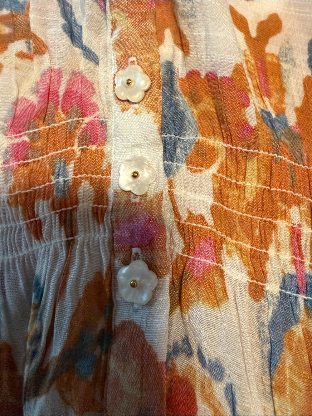 Alex & Parker Petite XL Floral Smocked Waist Button Front Roll Tab Blouse - Picture 7 of 8
